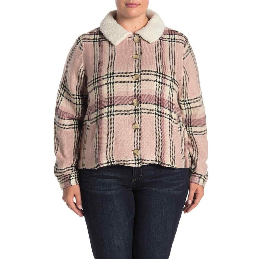 Susina Womens Plaid Jacket Size 2X Faux Shearling Trimmed Collar Pink LS New - Picture 4 of 8